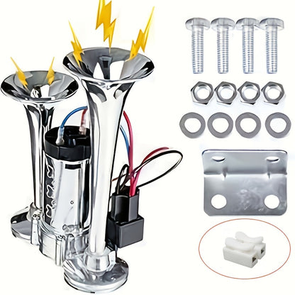 120dB Dual Air Horn Kit 12V with Air Compressor – Super Loud Truck Train Horn for SUV, Motorcycle, Pickup Truck, Car & Boat – Universal Electric Dual Tone Horn – Velora