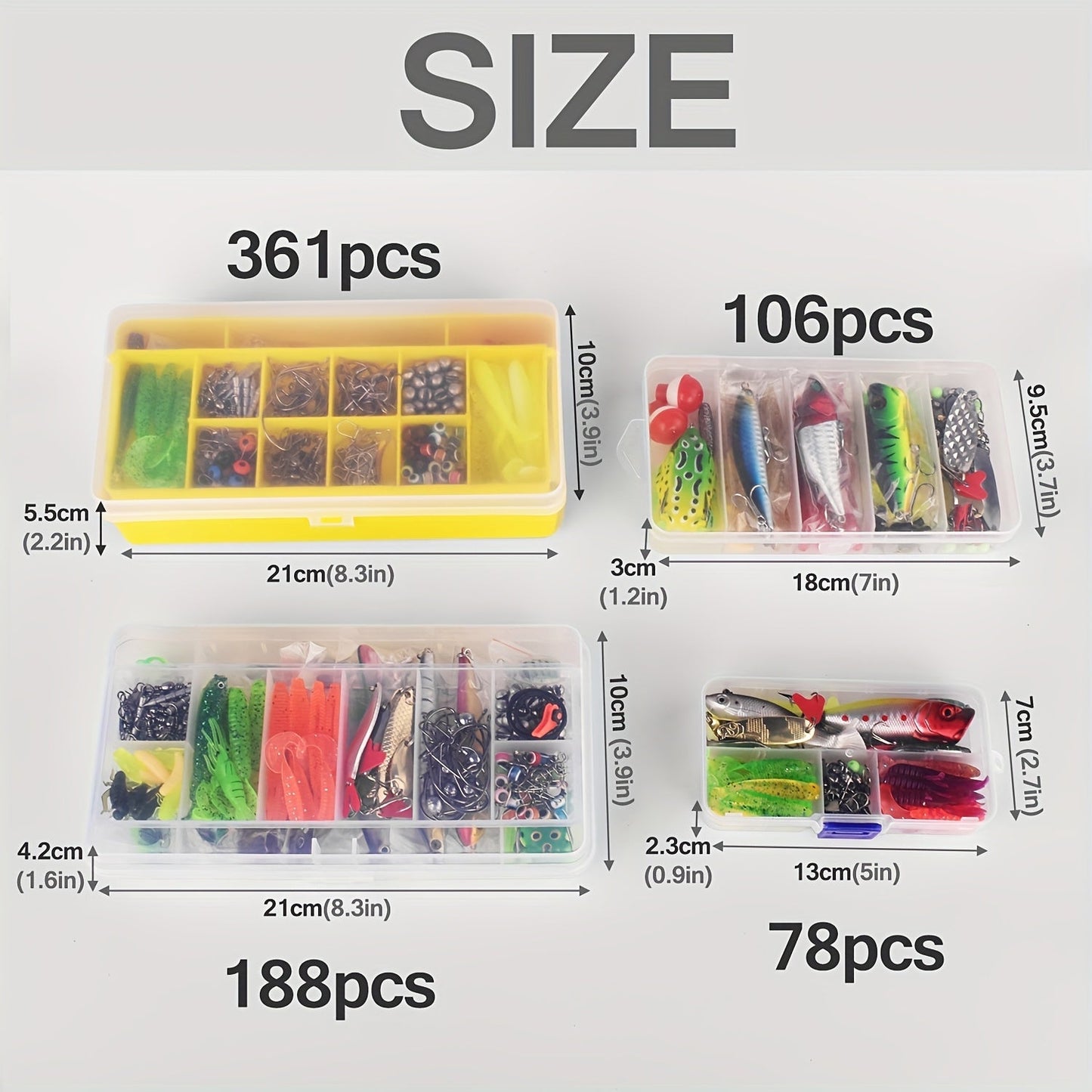 Fishing Lures Kit 78/106/188/361 Piece Freshwater Tackle Box Set, Spoon Lures Soft Plastic Worms Hooks & Accessories for Bass Trout Salmon Fishing, Complete Beginner & Pro Fishing Gear Gift