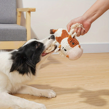 Squeaky Cow Dog Toy Plush Interactive Tug-of-War with Crinkle Paper, IQ Training Chew Toy for Small Medium Large Dogs, No Battery Needed, Anxiety Relief Pet Toy