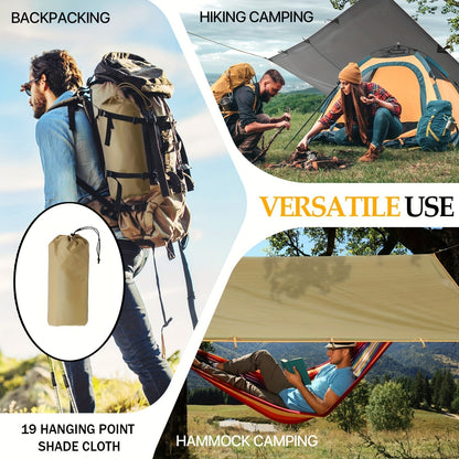Waterproof Camping Tarp Shelter 19 Tethering Points Hammock Rain Fly Sunshade Lightweight Survival Tarpaulin for Hiking Backpacking Cycling DIY Outdoor Canopy Sun Protection Emergency Shelter