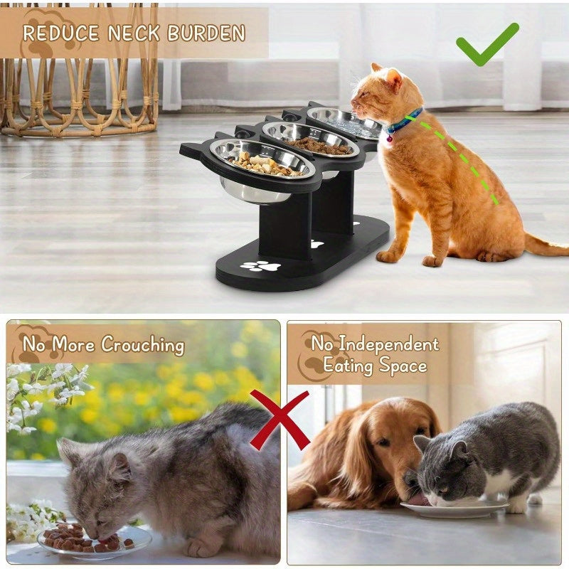 Elevated Cat Bowl Stand with 15° Tilted Stainless Steel Bowls – Adjustable Raised Feeder for Cats & Small Dogs, Anti-Spill Black Wooden Base, Set of 2 or 3 Bowls for Food and Water