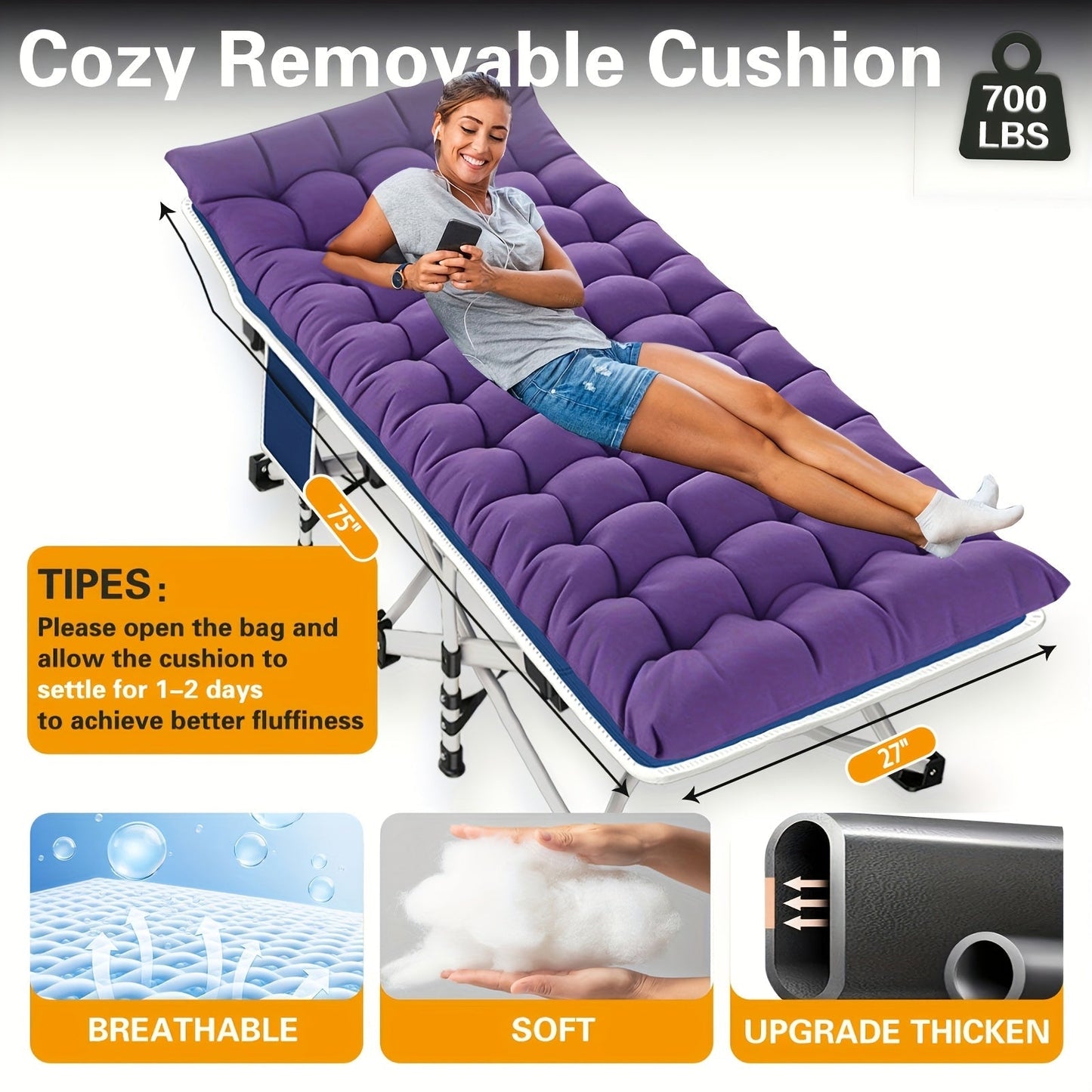 Folding Camping Cot with Mattress 75"-79" – Heavy Duty Portable Sleeping Cot for Adults Kids & Teens, Max Load 700-900lbs, for Camping Home Office Beach Garden & Fishing