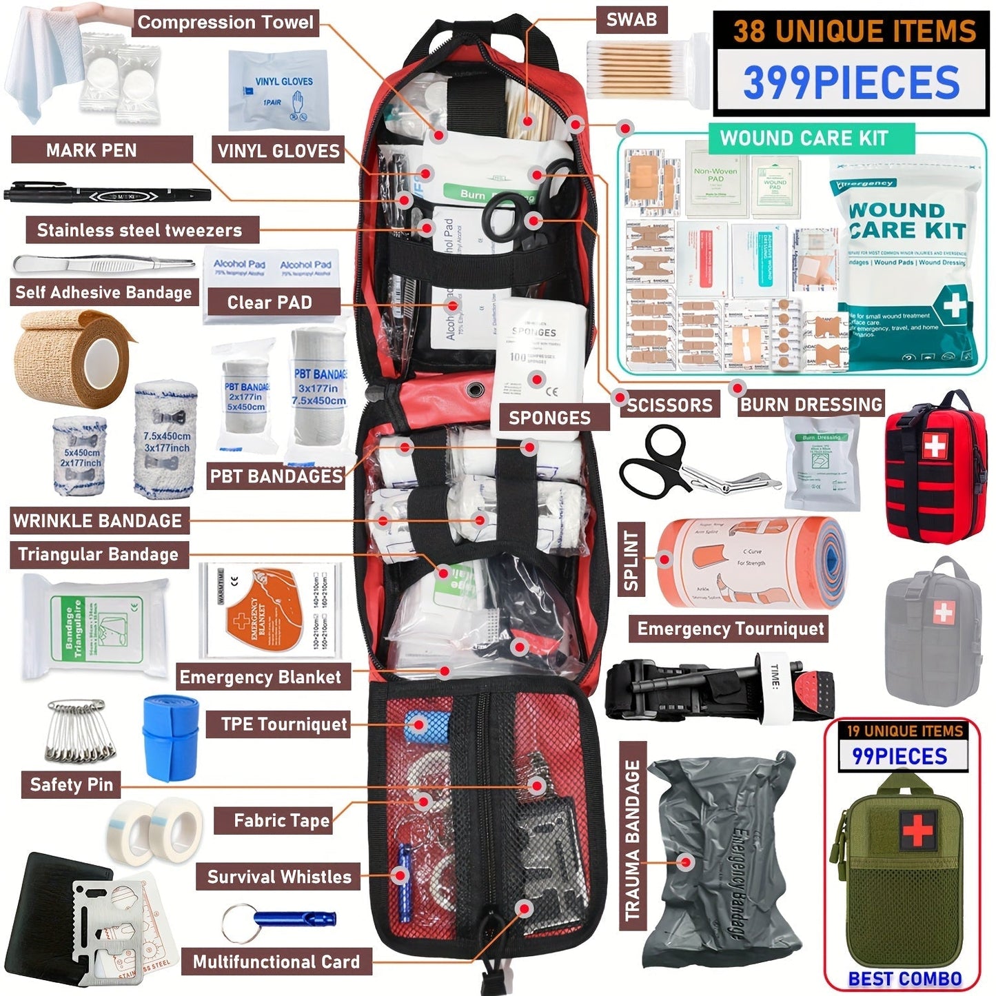 Professional First Aid Kit 399 Piece & 99 Piece Survival Gear Emergency Kit for Hiking Camping Hunting Car Travel – Includes Scissors Tweezers Splints – Gift for Men