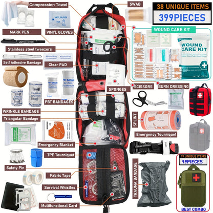 Professional First Aid Kit 399 Piece & 99 Piece Survival Gear Emergency Kit for Hiking Camping Hunting Car Travel – Includes Scissors Tweezers Splints – Gift for Men