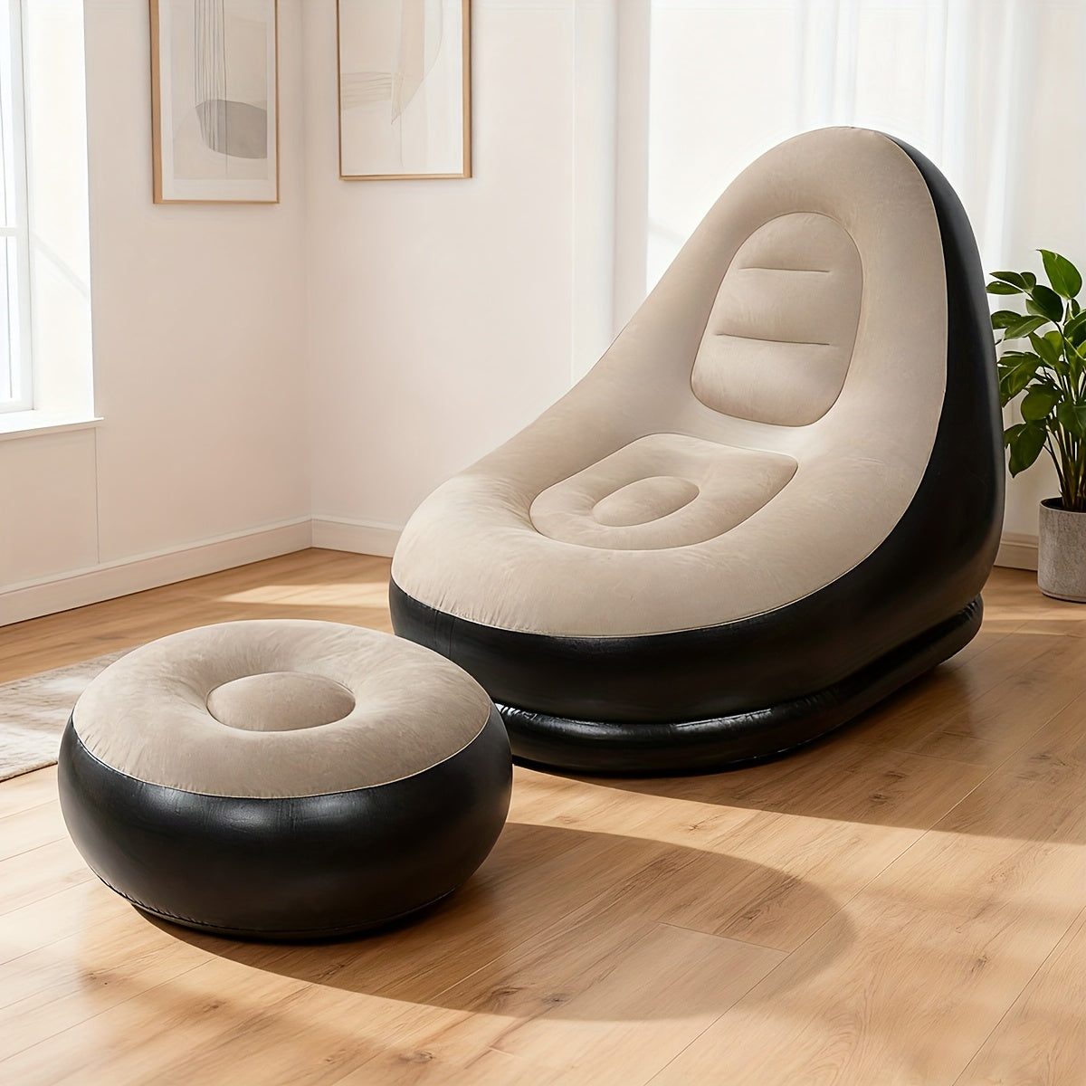Inflatable Sofa Set 2 Piece Adult Recliner Lounge Chair with Footstool Plush Fabric Heavy Duty Portable Folding Air Couch with Pump Indoor Outdoor Camping Beach Living Room Patio