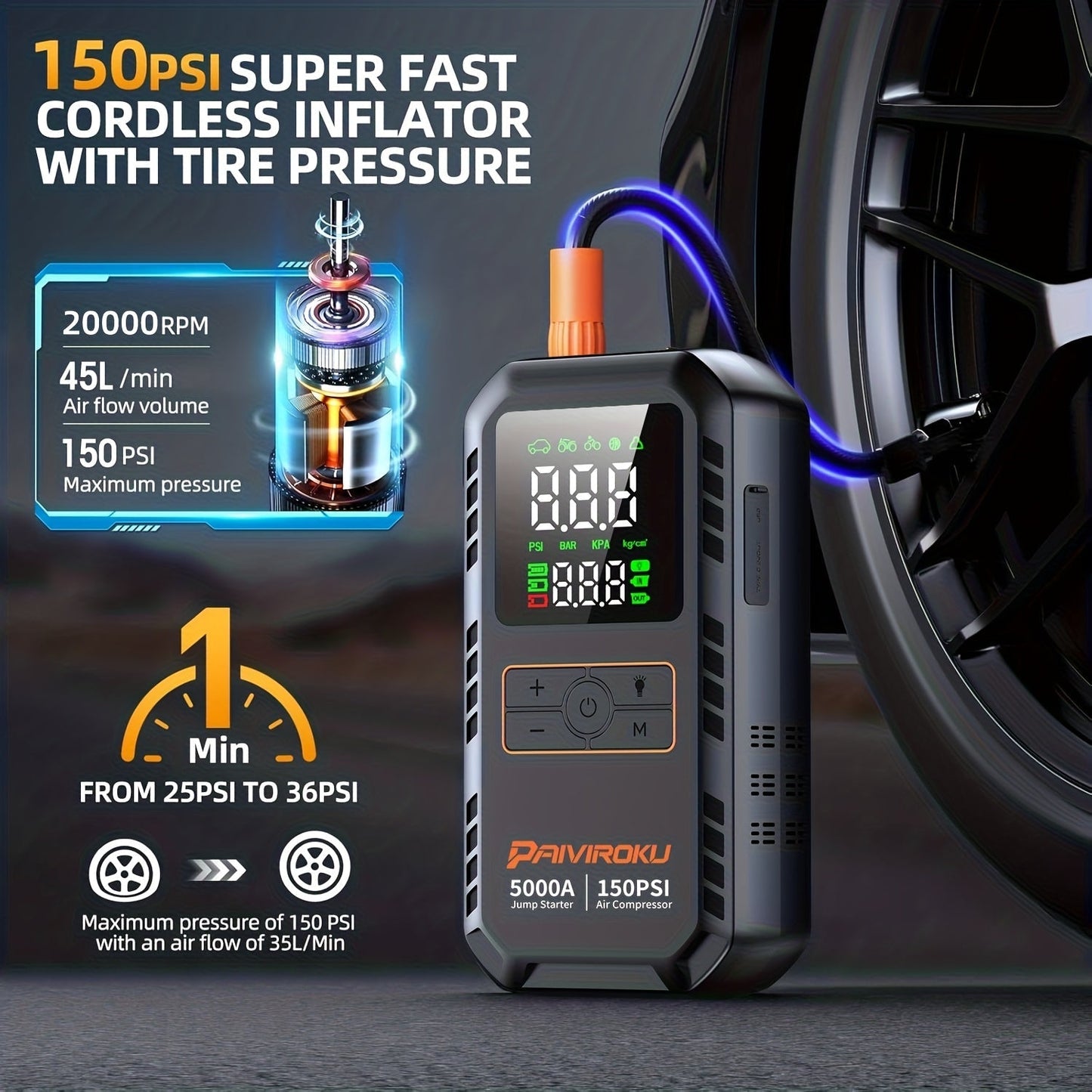 7-in-1 Portable Jump Starter with Air Compressor 150PSI – 5000A Peak Car Battery Booster, Tire Inflator, QC3.0 Power Bank, LED SOS Light for Gas & Diesel Vehicles