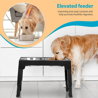 Height Adjustable Dog Bowl Stand with Slow Feeder & Stainless Steel Bowl – 5-Level Foldable Elevated Dog Food Bowl for Medium Large Dogs and Cats, Black & Pink