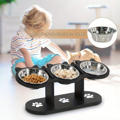 Elevated Cat Bowl Stand with 15° Tilted Stainless Steel Bowls – Adjustable Raised Feeder for Cats & Small Dogs, Anti-Spill Black Wooden Base, Set of 2 or 3 Bowls for Food and Water