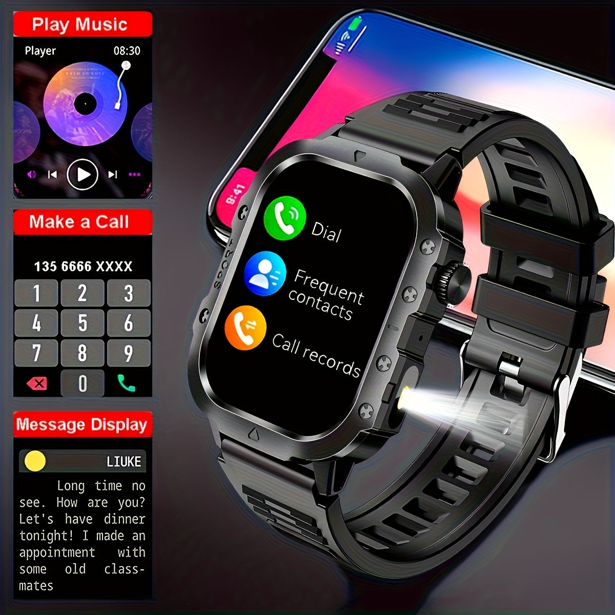 Outdoor Smart Watch with Built-In LED Flashlight, 2.01" Large HD Screen Rugged Fitness Tracker with Sports Modes & Message Reminders for Android & iPhone