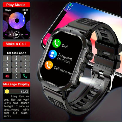 Outdoor Smart Watch with Built-In LED Flashlight, 2.01" Large HD Screen Rugged Fitness Tracker with Sports Modes & Message Reminders for Android & iPhone
