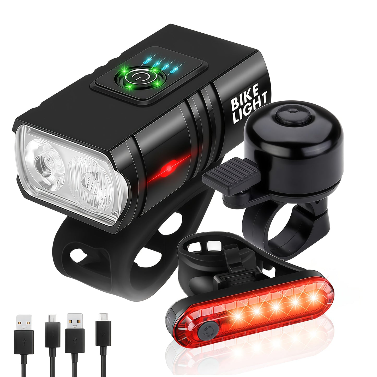 Super Bright USB Rechargeable Bike Light Set – LED Front Headlight 1200mAh & Rear Taillight 330mAh, 6+4 Modes, 180° Wide Beam, Safety Bell Included, for Mountain Road & Night Cycling