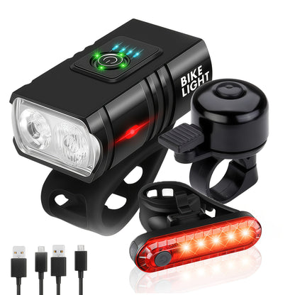 Super Bright USB Rechargeable Bike Light Set – LED Front Headlight 1200mAh & Rear Taillight 330mAh, 6+4 Modes, 180° Wide Beam, Safety Bell Included, for Mountain Road & Night Cycling