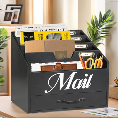 Large Solid Wood Desktop Mail Organizer with Drawer and 4 Compartments Labelable Dividers for Files Letters Paper Folders Desk Organizer for Home Office Students and Professionals