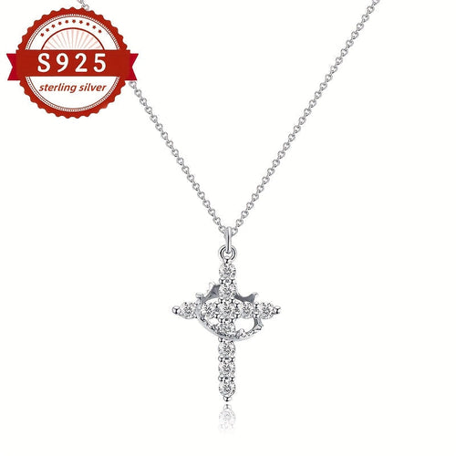 S925 Sterling Silver Cross Crown Pendant Necklace for Women – Vintage Luxury Hypoallergenic Jewelry for Daily Wear, Vacation & Banquet, Elegant Gift