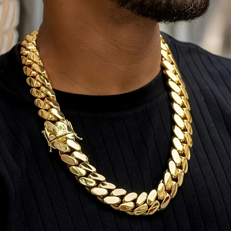 18K Gold Plated Cuban Chain Necklace for Men – 14mm Wide, 316L Stainless Steel, Waterproof & Hypoallergenic, 18 to 28 Inch – Heavy-Duty Hip Hop Jewelry Gift