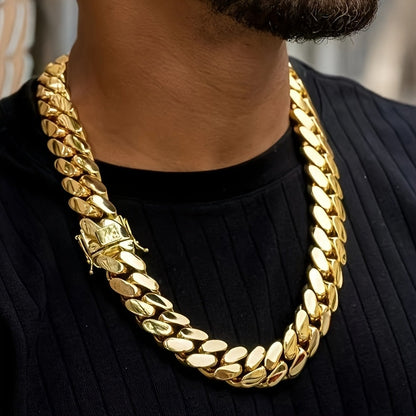 18K Gold Plated Cuban Chain Necklace for Men – 14mm Wide, 316L Stainless Steel, Waterproof & Hypoallergenic, 18 to 28 Inch – Heavy-Duty Hip Hop Jewelry Gift