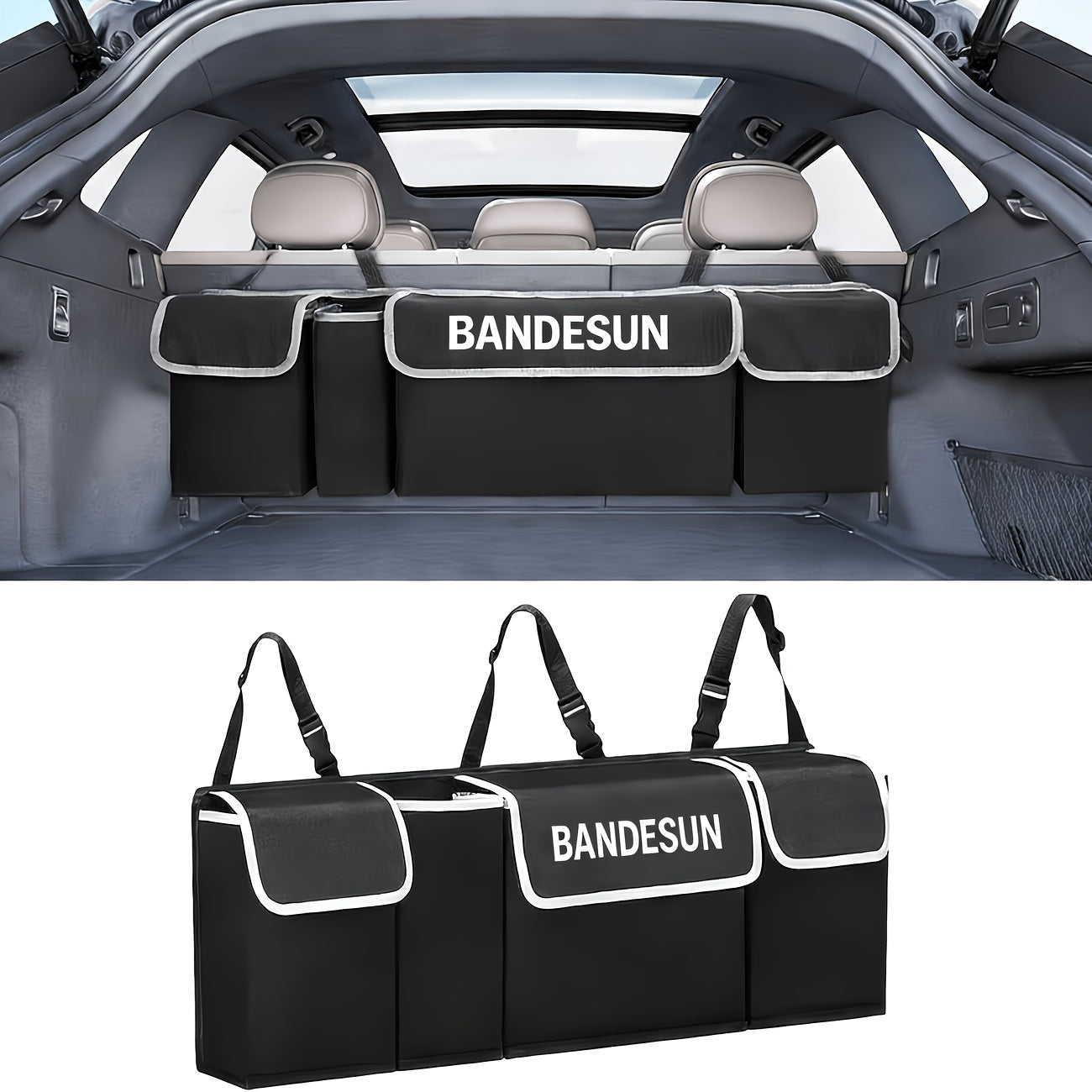 Car Trunk Organizer Rear Seat Hanging Storage Bag with 4 Pockets Foldable Cargo Bag for SUV Truck MPV Van – Black Multi-Pocket Car Interior Storage Organizer for Travel & Daily Use