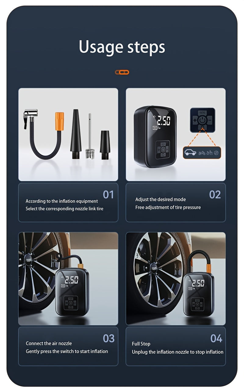Portable Tire Inflator 100W Cordless Air Pump 4000mAh Battery 30-Second Inflation 5 Modes Digital PSI Display Type-C Charging LED Light Multi-Nozzle for Car Motorcycle Bicycle Ball