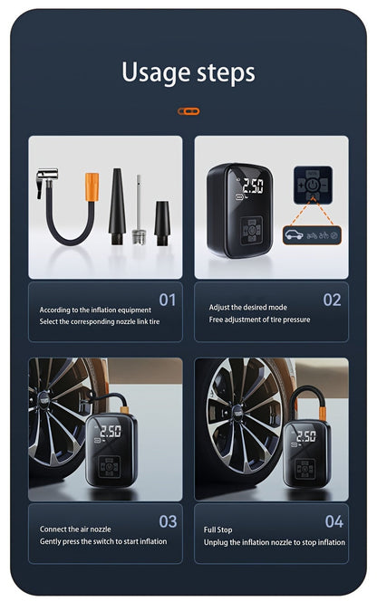 Portable Tire Inflator 100W Cordless Air Pump 4000mAh Battery 30-Second Inflation 5 Modes Digital PSI Display Type-C Charging LED Light Multi-Nozzle for Car Motorcycle Bicycle Ball