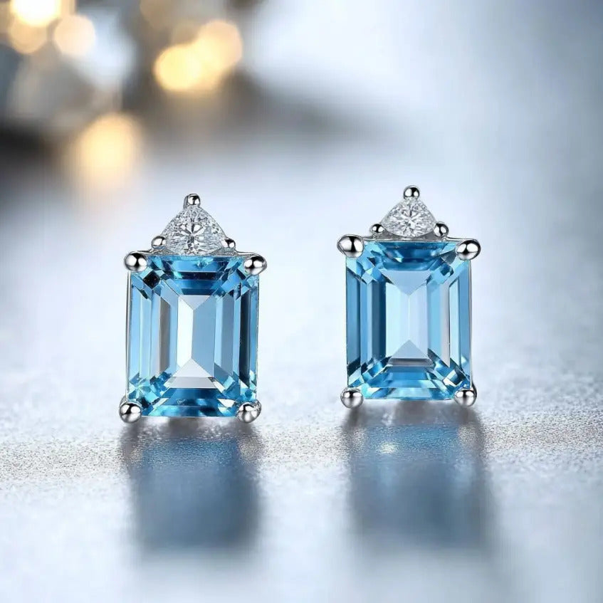 925 Sterling Silver Natural Blue Topaz Earrings Emerald Cut 6x8mm Gemstone Stud Earrings for Women Dainty Y2K Style Crystal Inlay Jewelry Daily Wear Vacation Gift