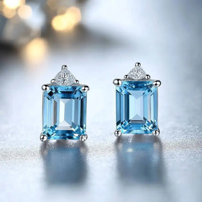 925 Sterling Silver Natural Blue Topaz Earrings Emerald Cut 6x8mm Gemstone Stud Earrings for Women Dainty Y2K Style Crystal Inlay Jewelry Daily Wear Vacation Gift