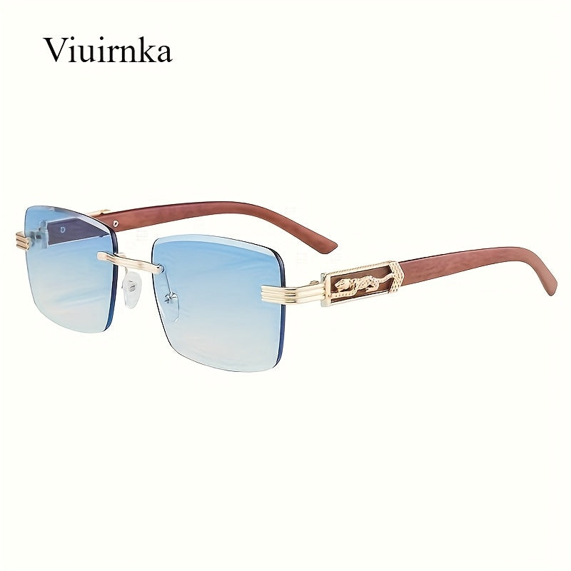 Vintage Rimless Rectangle Sunglasses for Women Men – Trendy Leopard Temple UV Protection Eyewear, 7 Lens Colors, Stylish Unisex Glasses for Outdoor, Driving, Travel, Parties & Daily Wear