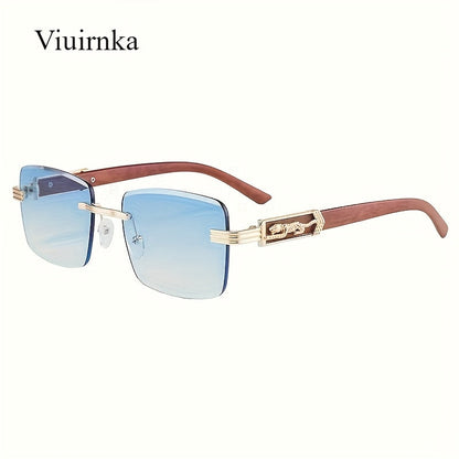 Vintage Rimless Rectangle Sunglasses for Women Men – Trendy Leopard Temple UV Protection Eyewear, 7 Lens Colors, Stylish Unisex Glasses for Outdoor, Driving, Travel, Parties & Daily Wear