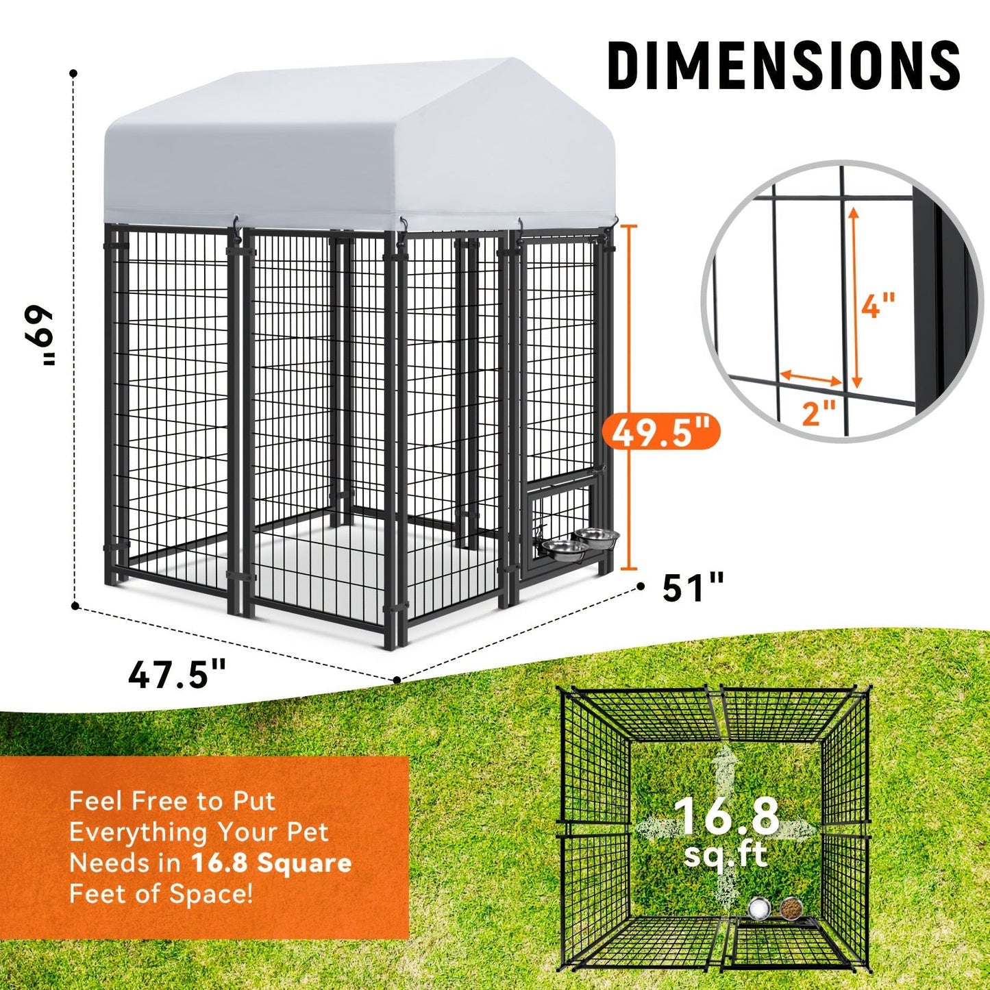 Large Dog Enclosure Outdoor Heavy Duty Welded Wire Steel Dog Playpen with UV-Resistant Roof Cover, Secure Lock Pet Pen Fence for Big Dogs Outside Exercise Play Area