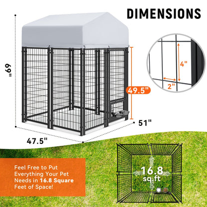 Large Dog Enclosure Outdoor Heavy Duty Welded Wire Steel Dog Playpen with UV-Resistant Roof Cover, Secure Lock Pet Pen Fence for Big Dogs Outside Exercise Play Area