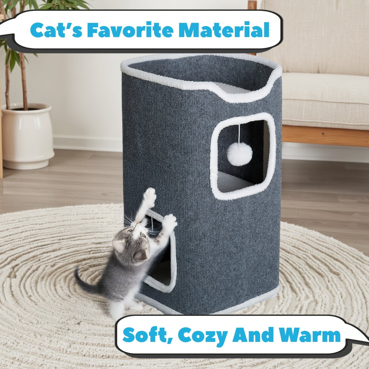 Multi-Level Foldable Cat Tree Tower for Indoor Cats – Scratching Post, Cozy Perch, Cat Condo with Hanging Toy Ball, Cat Hideaway, Soft Bed, 1/3/4 Tier Options