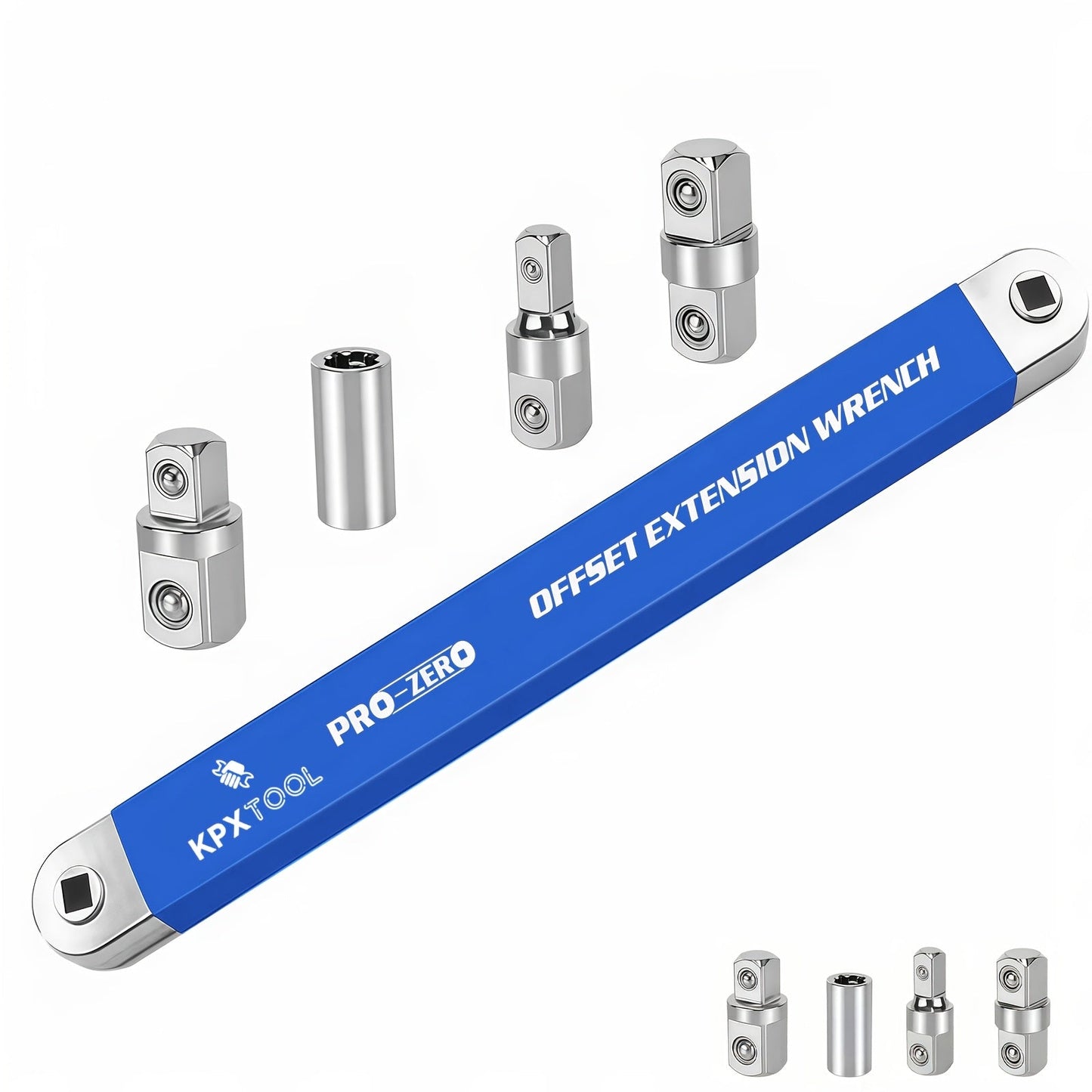 2-in-1 Ratchet Offset Extension Wrench 180° Swivel – 1/2", 1/4" & 3/8" Square Drive Adapters, High Torque Non-Slip Handle, Durable Metal for Automotive Repair, Tight Spaces & DIY Hand Tool Work