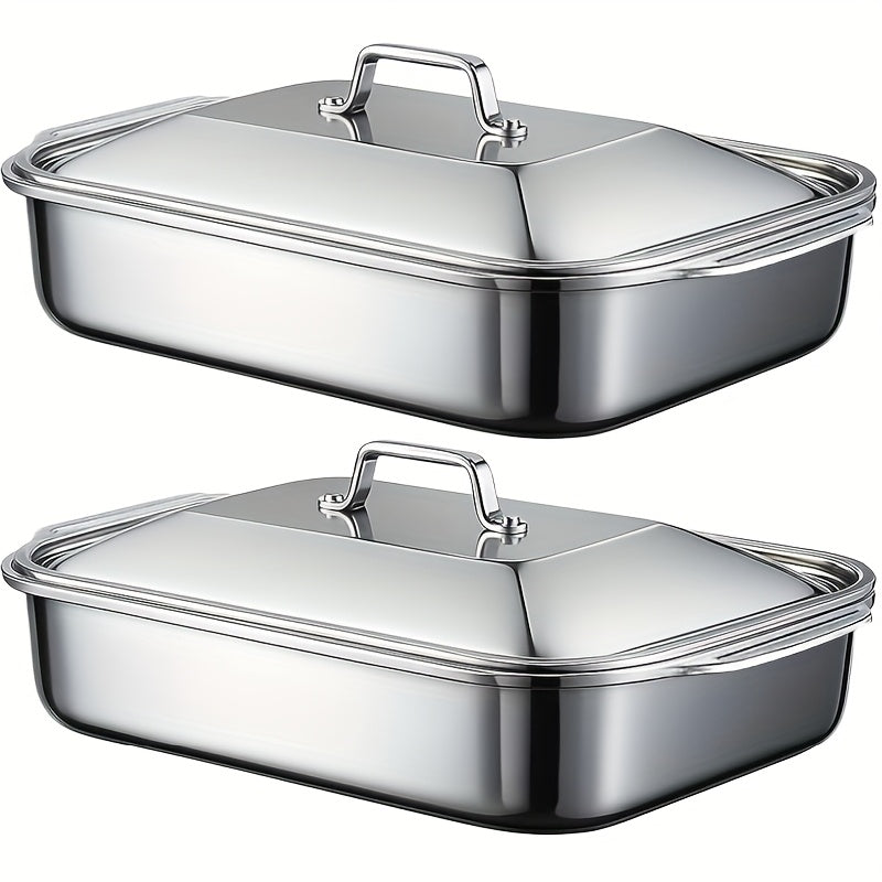 Stainless Steel Baking Pans with Lids Set – Extra Large Non-Stick Heavy Duty Rectangular Oven Trays for Roasting Bread Desserts Seafood BBQ Buffet Serving, 2 4 6 8 Pack Options