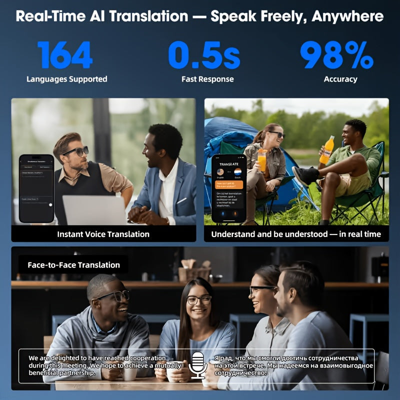 AI Smart Glasses with 8MP HD Camera Touch Control ChatGPT Real-Time Translation Wireless Calling Blue Light Protection Noise Reduction Dual Mics Photochromic Lens for Cycling Driving Travel Office