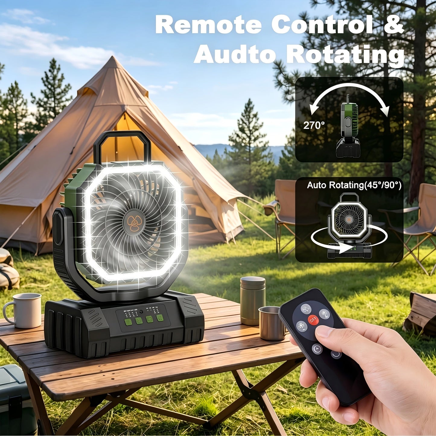 Battery Powered Camping Fan 20000mAh 59H Runtime – Rechargeable Portable Oscillating Fan with Remote, 4 Speeds, LED Light & Hook for Tent Outdoor Patio Garage Hurricane Power Outage