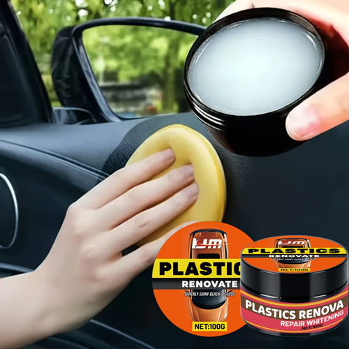 Car Plastic Restorer Kit with Sponge, Auto Interior Shine & Tire Protection Cream, Anti-Yellowing Plastic Renewal Paste for Dashboard, Bumper, Trim & Tires – Fast Refurbishment & Anti-Aging Formula