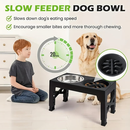 Height Adjustable Dog Bowl Stand with Slow Feeder & Stainless Steel Bowl – 5-Level Foldable Elevated Dog Food Bowl for Medium Large Dogs and Cats, Black & Pink
