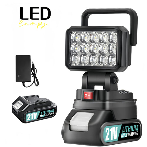 LED Work Light Compatible with Makita 21V Battery – High Brightness Portable Camping Lantern Flashlight, IP4X Waterproof, Smart Battery Protection, Emergency Light for Power Outage, Hurricane & Hiking, Black Yellow Blue