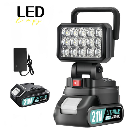 LED Work Light Compatible with Makita 21V Battery – High Brightness Portable Camping Lantern Flashlight, IP4X Waterproof, Smart Battery Protection, Emergency Light for Power Outage, Hurricane & Hiking, Black Yellow Blue
