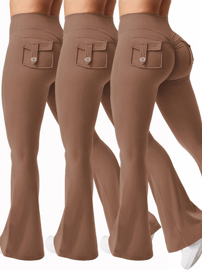 Women's 3-Piece High Waist Flare Yoga Pants Set with Belt and Pockets, Scrunch Butt Lifting Squat Proof 90% Polyester Stretchy Flared Leggings for Workout Gym Running Casual Wear