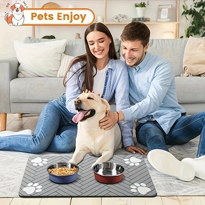 Pet Feeding Mat Anti-Slip Paw Print – Waterproof Quick-Dry Dog & Cat Bowl Pad with Bone-Shaped Intervals, Stain-Resistant, Easy-Clean Pet Placemat in Brown & White