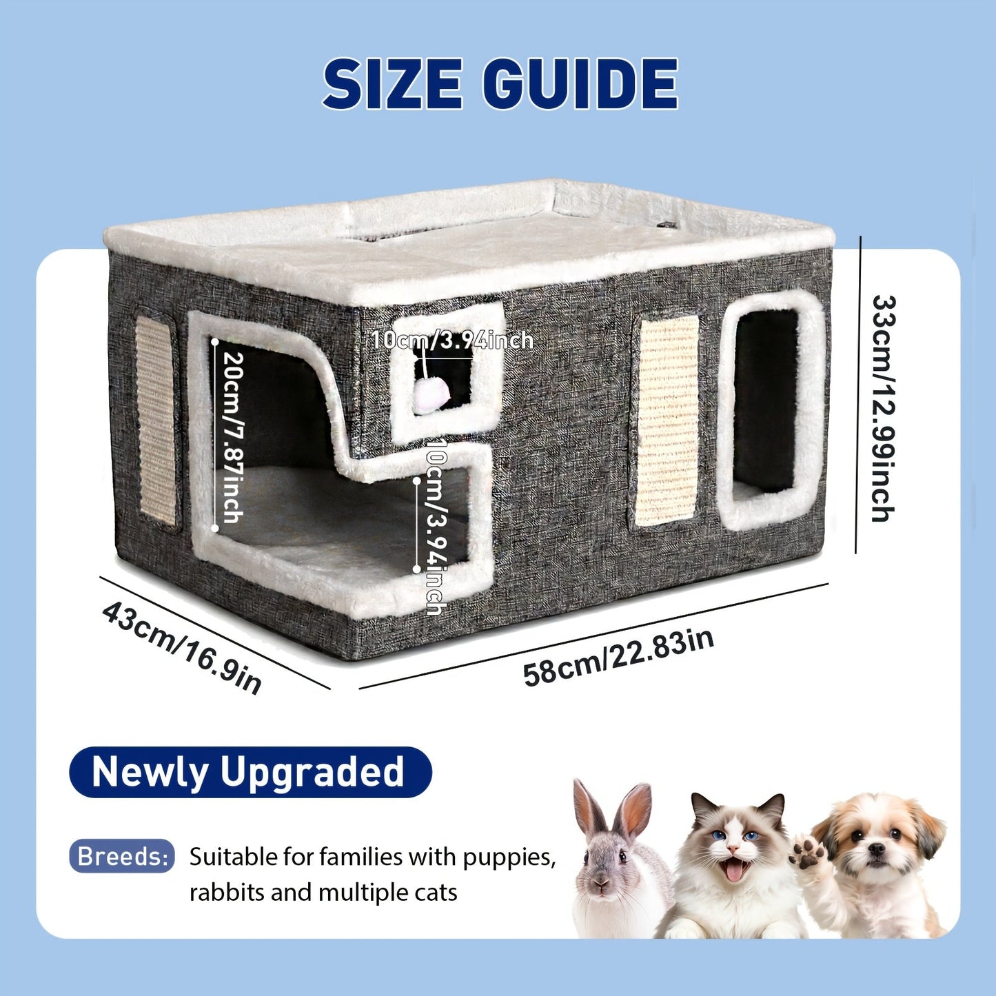 3-in-1 Cat House Indoor Condo – Luxury Wooden Ottoman Style Cat Bed Sleep Play & Scratch, Multi-Cat Friendly Large Cat Cave Hideaway Cube Furniture, Light Gray Standard & Large