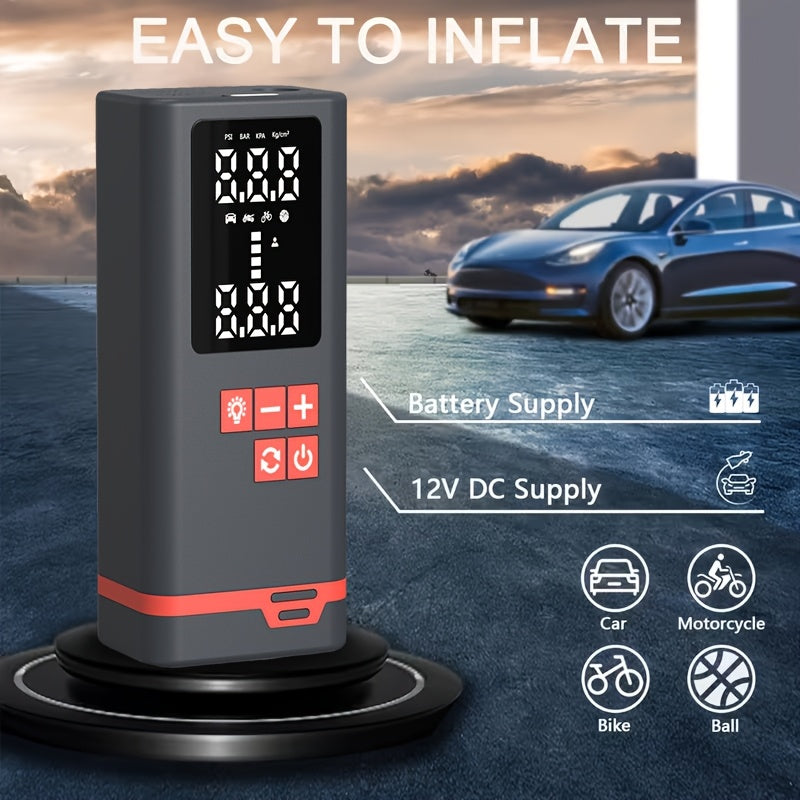 Portable Tire Inflator Air Compressor Wireless – USB Rechargeable, Digital Display, LED Light, Multi-Nozzle Adapter, Lithium Battery, Fits Car, Motorcycle, Bicycle, Sports Balls