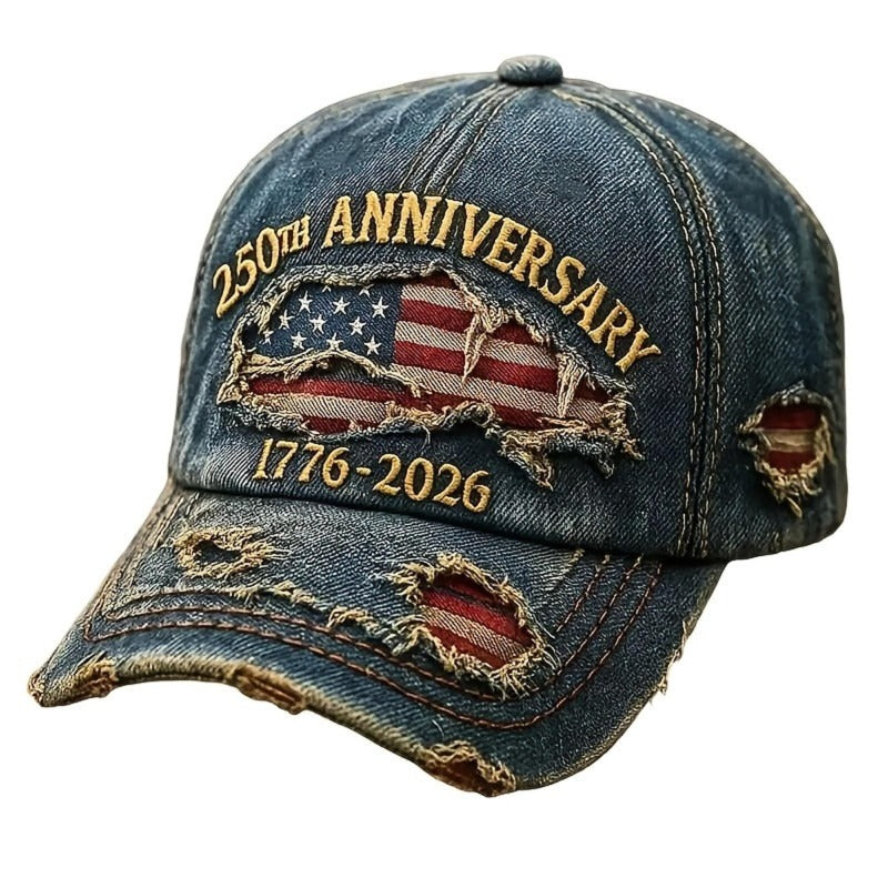 Patriotic Embroidered Distressed Denim Baseball Cap & Wristband Set – USA 250th Anniversary Independence Day Gift, American Flag Theme, Adjustable Unisex Hat for 4th of July Celebrations