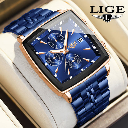 LIGE Men's Square Analog Quartz Watch – Stainless Steel Strap Calendar Display, Preppy Sport Fashion Wristwatch for Men Teens, 8 Color Options, Birthday Graduation Gift Blue Black Gold