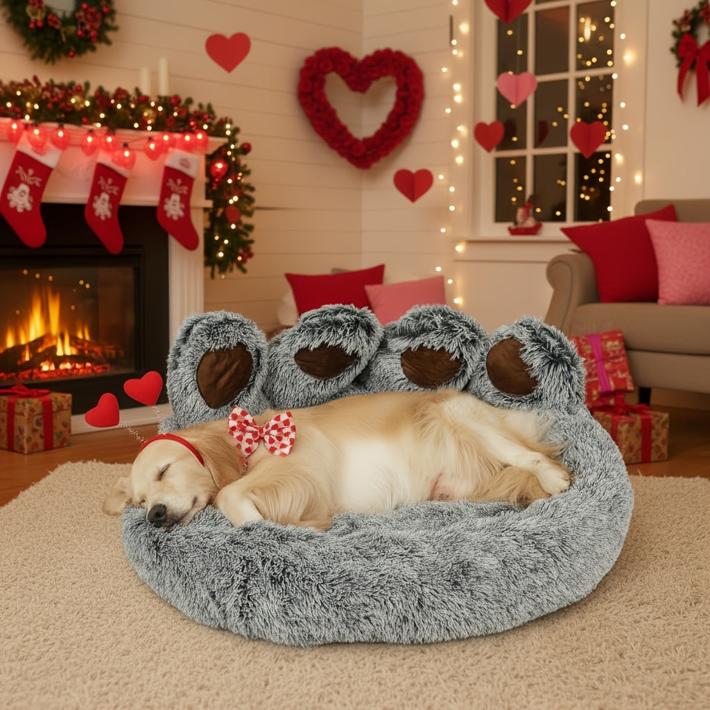 Bear Paw Shaped Donut Dog Bed & Cat Bed – Calming Warm Soft Plush Round Pet Mattress with Bonus Pet Scarf S M L XL 2XL Coffee Pink Grey Brown for Small Medium Large Dogs Cats
