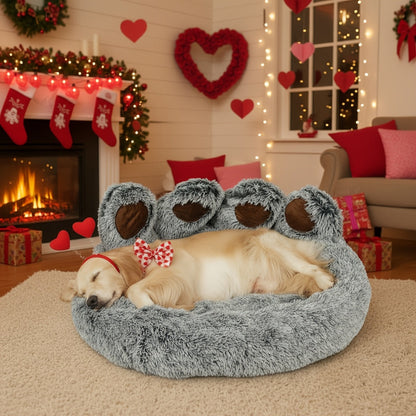 Bear Paw Shaped Donut Dog Bed & Cat Bed – Calming Warm Soft Plush Round Pet Mattress with Bonus Pet Scarf S M L XL 2XL Coffee Pink Grey Brown for Small Medium Large Dogs Cats