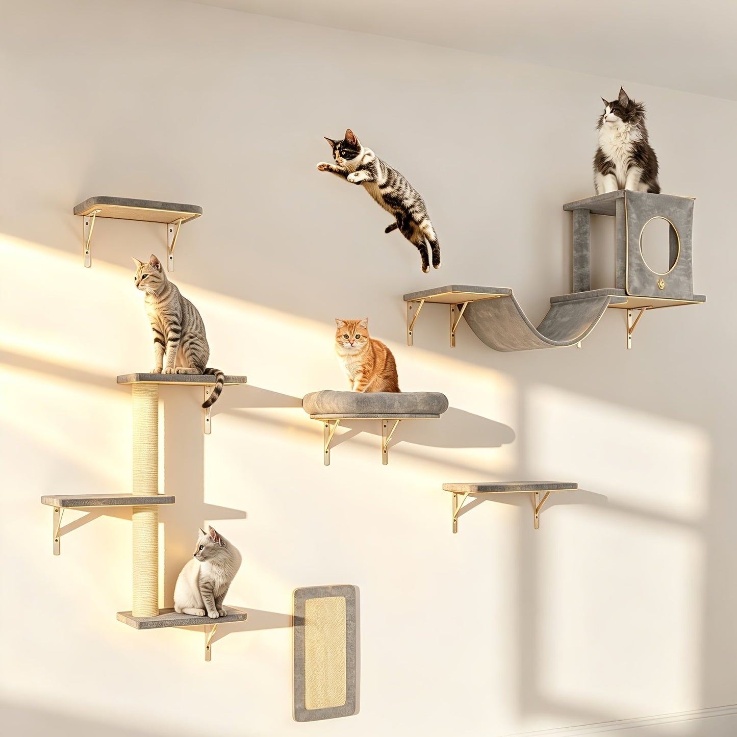 Wall Mounted Cat Climbing Shelf Set 7-Piece – Deluxe Indoor Cat Furniture with Condo, Shelves, Scratching Post, Bridge Ladder & Tunnel for All Cat Sizes