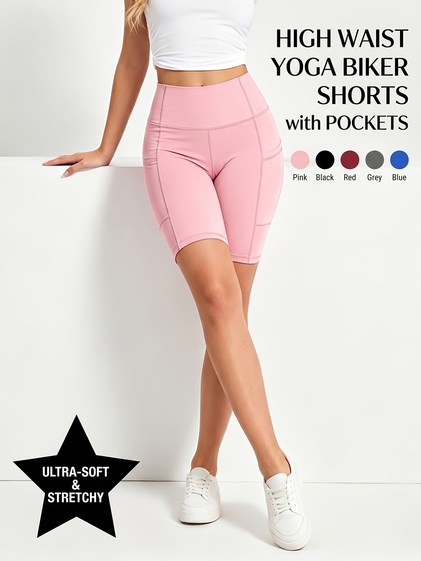 Women's High-Waisted Cycling Shorts 5-Pack with Pockets – Yoga Gym Running Workout Shorts, Stretch Polyester Fabric, Sizes M to XXL, Mixed Colors Set for Active Women