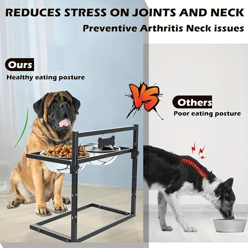 Adjustable Elevated Dog Bowl Stand with 2 Stainless Steel Bowls – Sturdy Metal Raised Feeder for Large & Medium Dogs, Height Adjustable Ergonomic Dog Food & Water Bowl Holder, Black