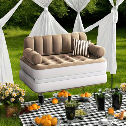Inflatable Air Sofa Bed 2-in-1 Queen Size – Portable Blow Up Couch & Airbed with Headboard, Cup Holders, External Pump & Storage Bag, 440 lb Capacity for Home, Camping & Guests
